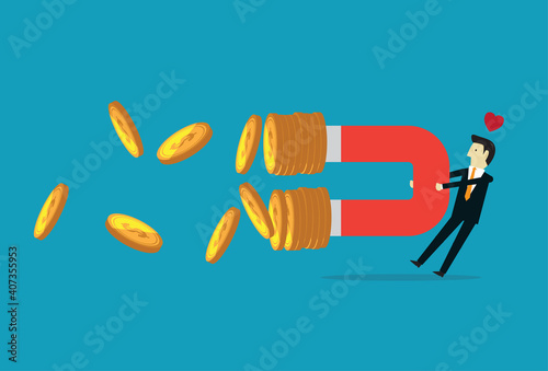 Businessman using a magnet to suck money