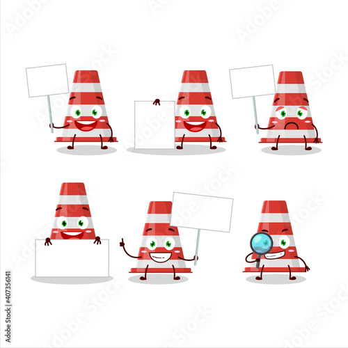 Red traffic cone cartoon character bring information board