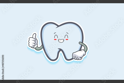CONTENT, HAPPY , GRIN SMILE, cheerful Face Emotion. Thumb up Hand Gesture. Tooth Cartoon Drawing Mascot Illustration.
