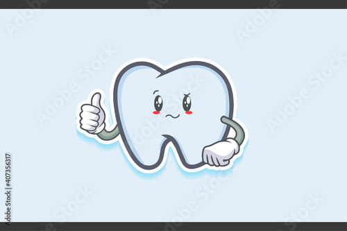 REALLY, ATTENTIVE, CONFUSED Face Emotion. Thumb up Hand Gesture. Tooth Cartoon Drawing Mascot Illustration.