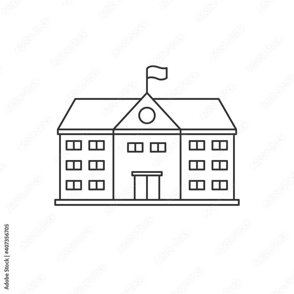 School building vector illustration in simple line art design isolated on white background. Linear school building icon