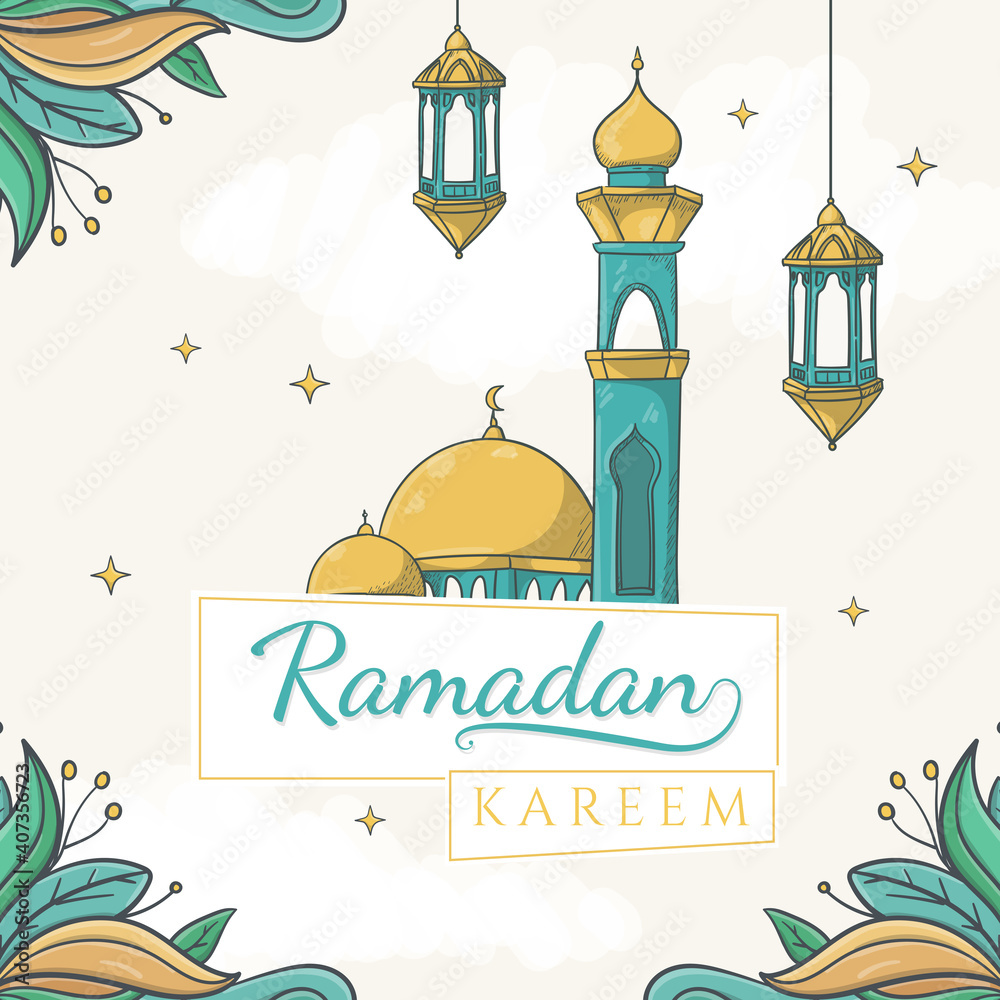 text Ramadan Kareem on paper tags with hand drawn mosque and islamic ornament