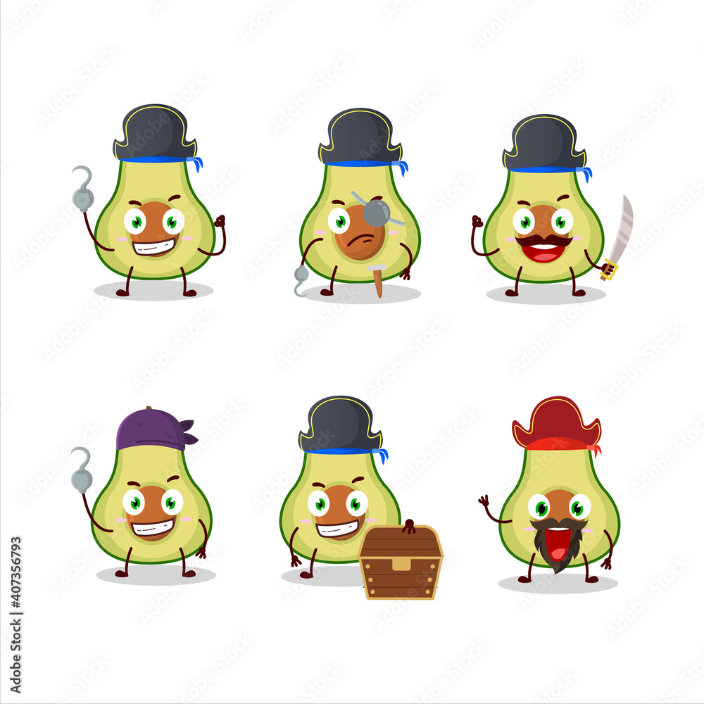 Cartoon character of slice of avocado with various pirates emoticons