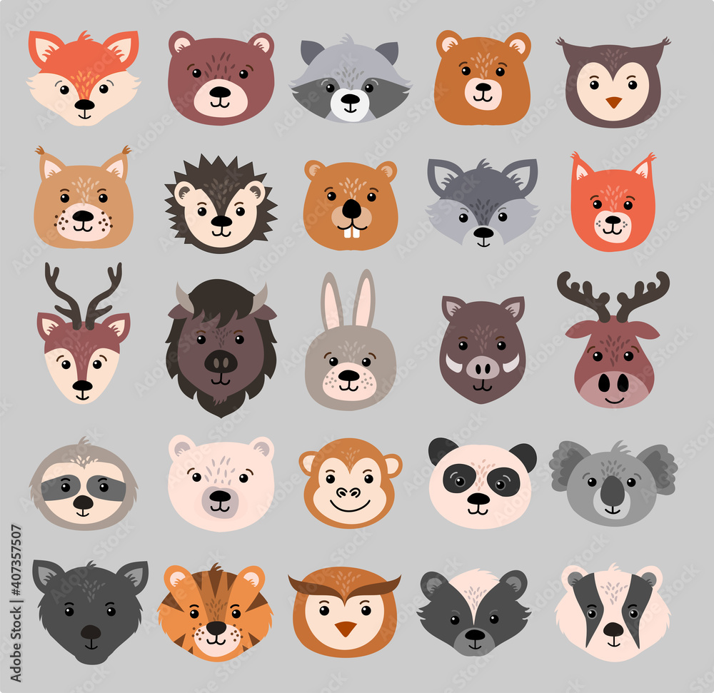 Beautiful set of child style woodland and exotic animals vector collection