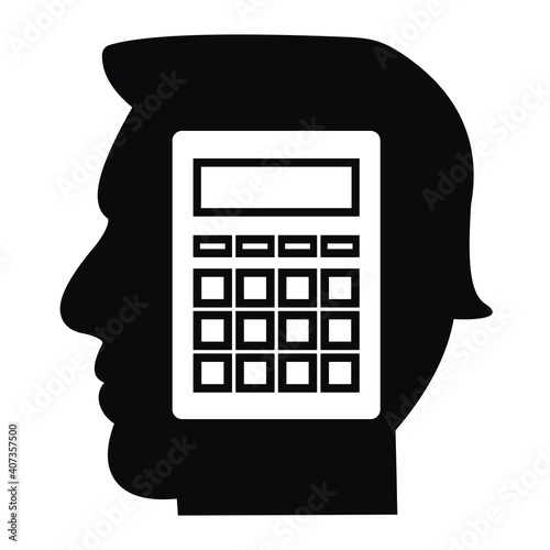 Calculator on head background, monochrome conceptual icon, vector