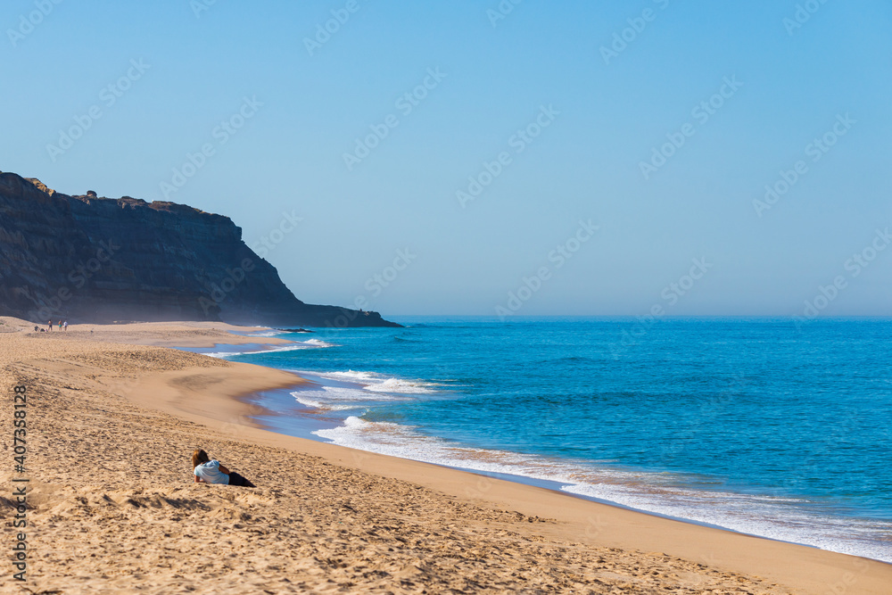 Panoramic landscape ocean, sandy wild beach, dunes, storm blue waves.