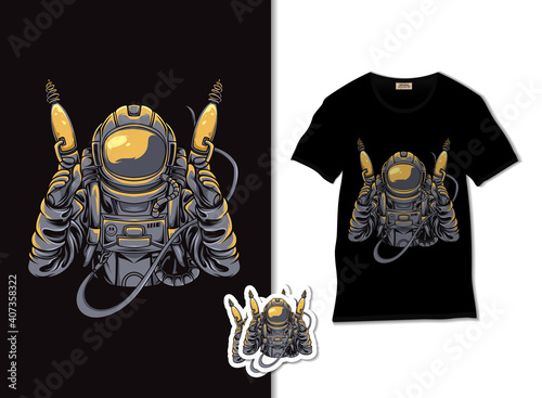 Astronaut holding gun illustration with t shirt design