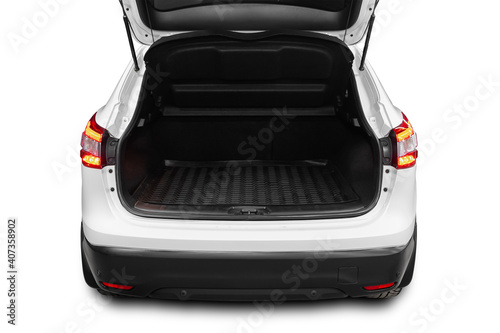 Clean, open empty trunk in the white  car SUV on white isolated  background