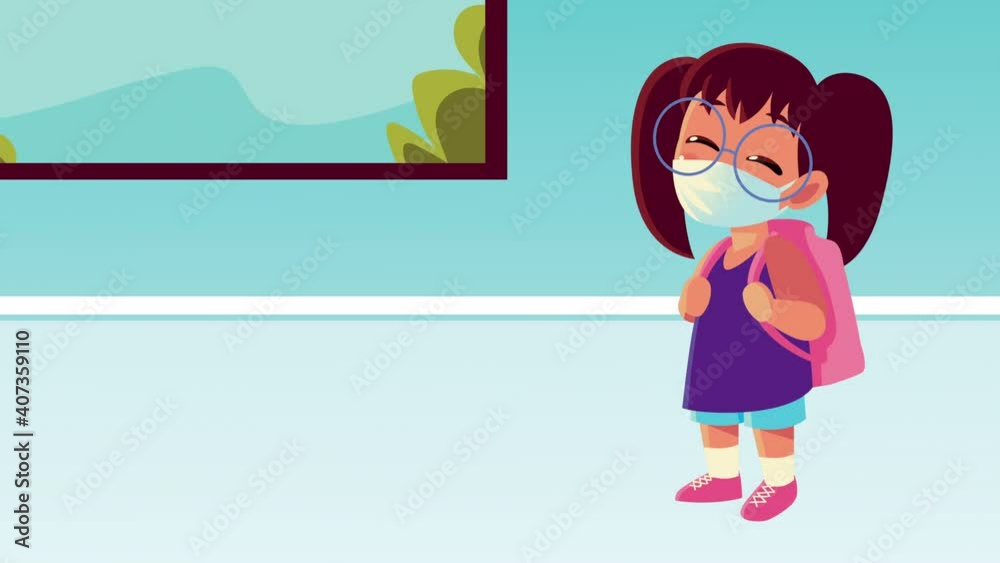 little student girl wearing medical mask with schoolbag little student girl wearing medical mask with schoolbag