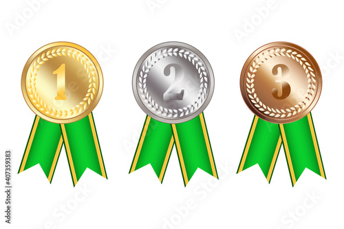 Medals with green ribbons. Gold, silver and bronze awards. Medals with embossed numbers. Stock image.