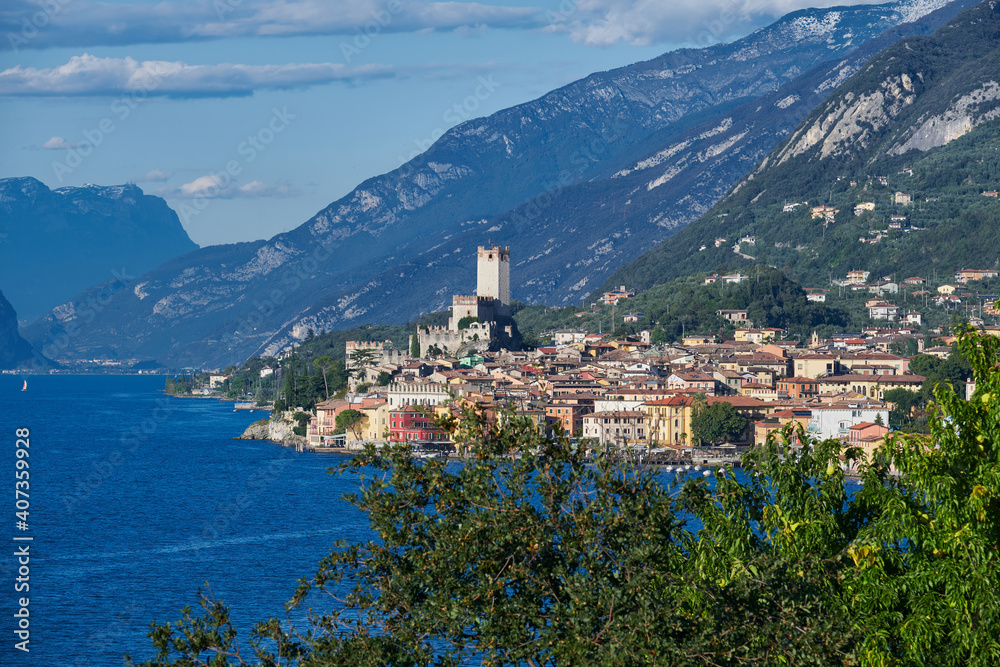 Panoramic view of the old town of Malcesine. Scaliger Castle in Malcesine Lake Garda Italy. Italian resort on Lake Garda. Palazzo dei Capitani is a historic building in Italy.