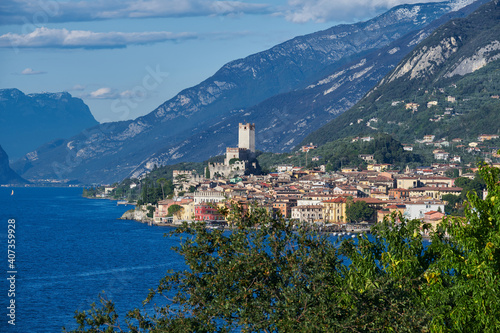 Panoramic view of the old town of Malcesine. Scaliger Castle in Malcesine Lake Garda Italy. Italian resort on Lake Garda. Palazzo dei Capitani is a historic building in Italy. © Berg