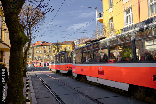 06.01.2021. Bulgaria. Sofia. Old street tram in Sofia street and common street.