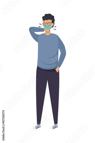 covid prevention, man wearing medical mask coughing in the forearm