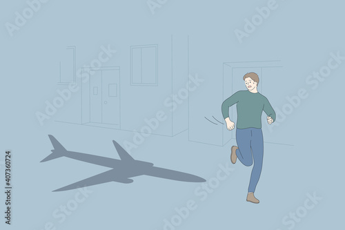 Aerophobia and psychological problem concept. Young scared man cartoon character running and seeing airplane craft shadow flying behind feeling afraid vector illustration
