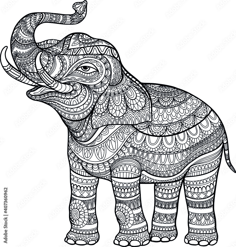 Fototapeta premium Doodle coloring elephant lifted trunk