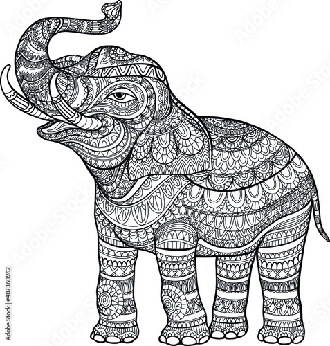 Fototapeta Naklejka Na Ścianę i Meble -  Doodle coloring elephant lifted trunk