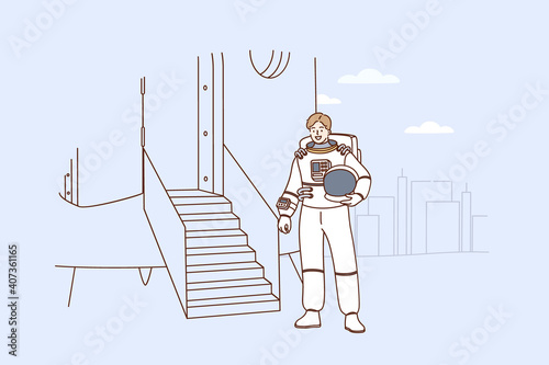 Astronomy and planet exploration concept. Smiling man Astronaut cartoon character in suit entering spaceship to take off walking into rocket ready for launching vector illustration