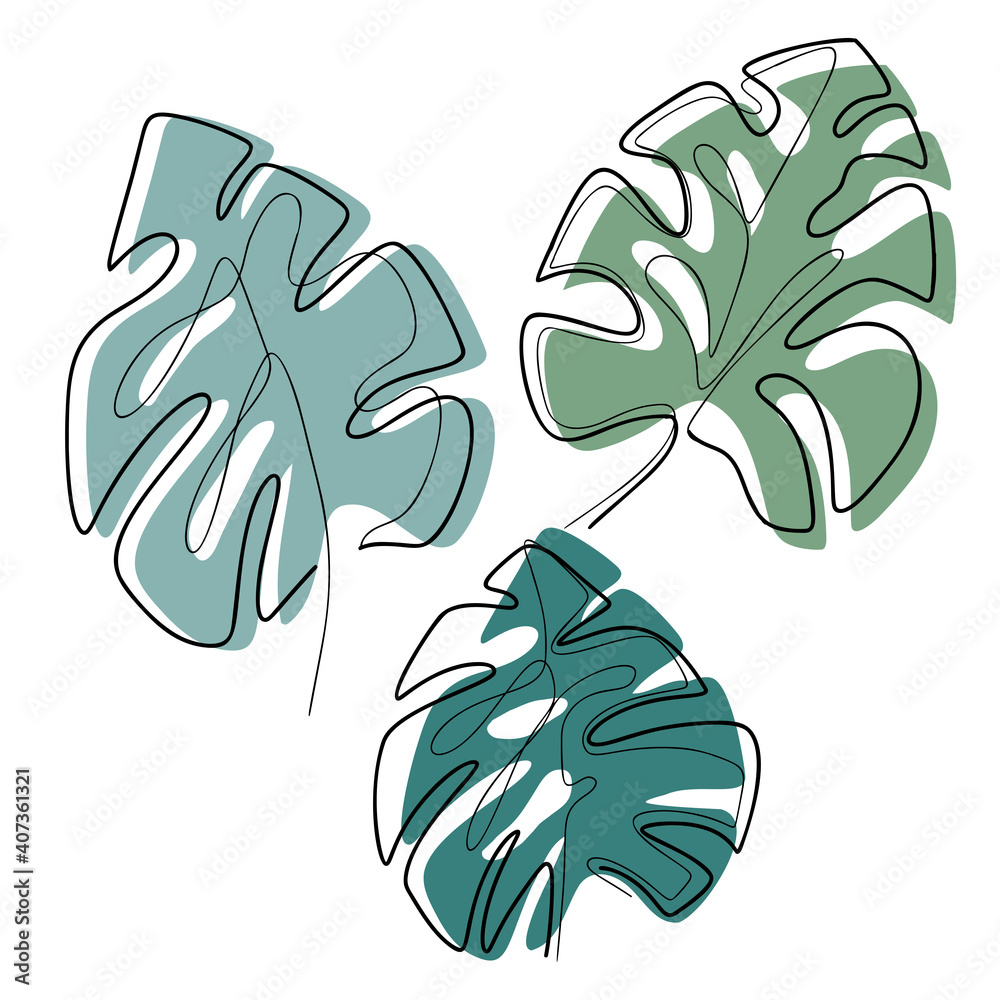 Set of contour illustration of monstera leaves with color spots