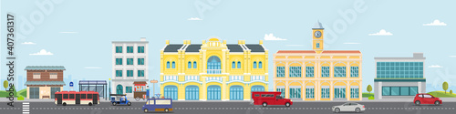 Thai culture street with vintage building and market.Vector illustration.Cars driving city street panorama Thailand urban.Facade city and car.Thai classic home.City scape with sky background.