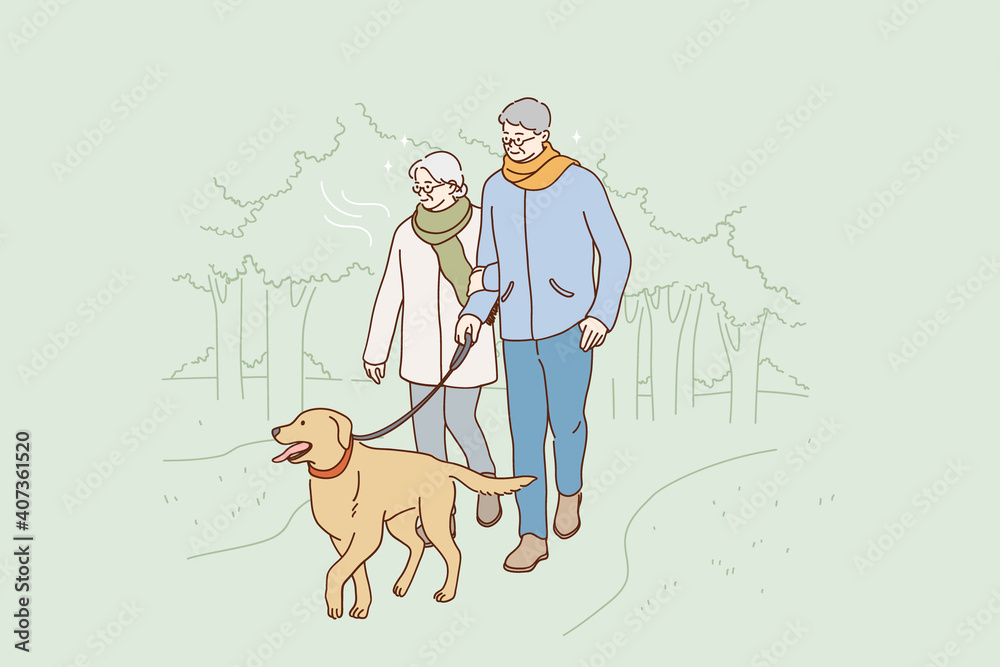 Senior people happy lifestyle concept. Positive elderly couple cartoon  characters walking dog in park together spending time together outdoor  vector illustration Stock Vector | Adobe Stock