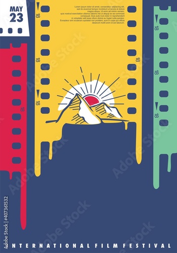 International film festival creative design idea with film strips and sunset landscape drawing. Colorful poster graphic for movie fest. Cinema vector flyer layout.
