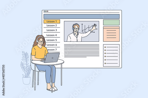 Elearning and online lesson concept. Young woman cartoon character in headphones sitting with laptop and listening to lesson course on marketing online vector illustration