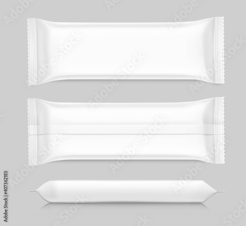 Set of hight realistic flow packaging mockups. Front, rear and side views. Vector illustration. Can be use for your design, promo, ad and etc. EPS10.