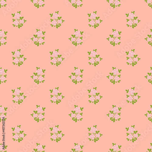 Pink roses seamless pattern. Valentine’s Day theme. Flat design. Botanical illustration for wallpaper and textile.