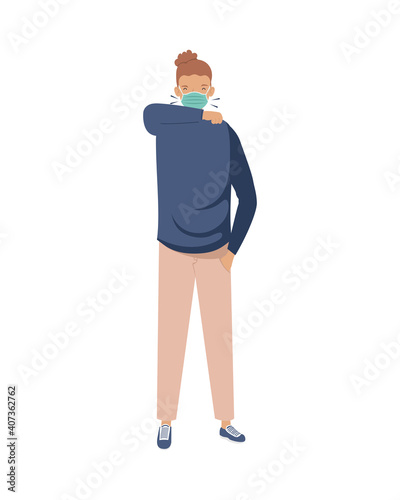 covid prevention, young man wearing medical mask coughing in the forearm
