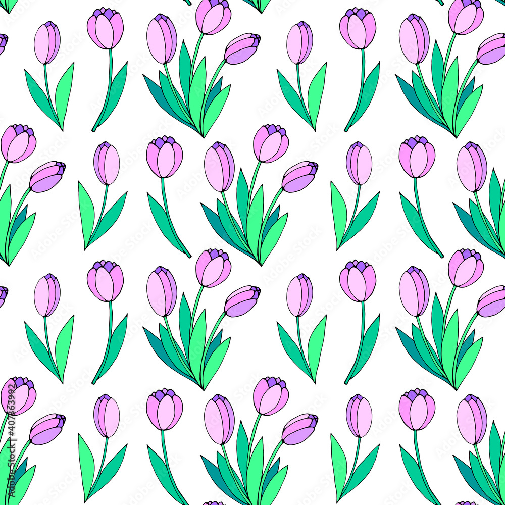 Vector seamless pattern with pink tulip flowers. Hand drawn spring texture, background. For wrapping paper, textile, greeting card, wedding, birthday, mother's or women's or Valentine's Day Vector seamless pattern with pink tulip flowers. Hand drawn spring texture, background. For wrapping paper, textile, greeting card, wedding, birthday, mother's or women's or Valentine's Day