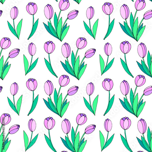 Vector seamless pattern with pink tulip flowers. Hand drawn spring texture  background. For wrapping paper  textile  greeting card  wedding  birthday  mother s or women s or Valentine s Day