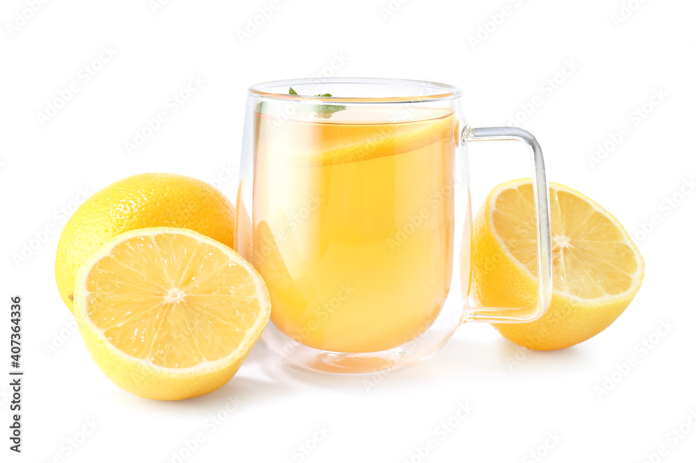 Cup of hot tea with lemon on white background Cup of hot tea with lemon on white background