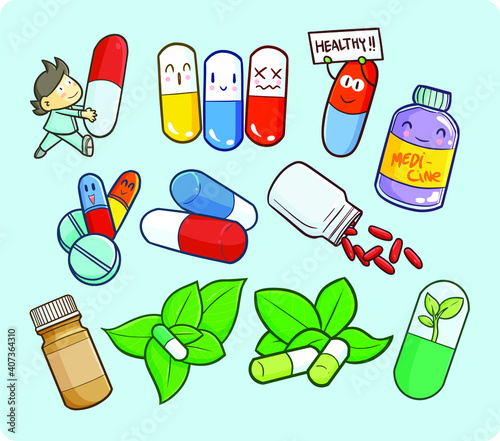 Funny and cute medical drugs in kawaii doodle style