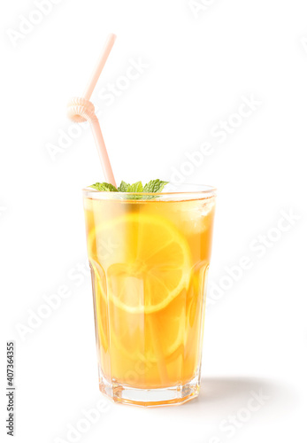 Glass of tasty ice tea on white background