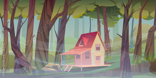 Wood house in forest with morning fog. Forester shack. Vector cartoon summer landscape of wooden village, cottage or farmhouse with porch, green lawn, big trees and mist