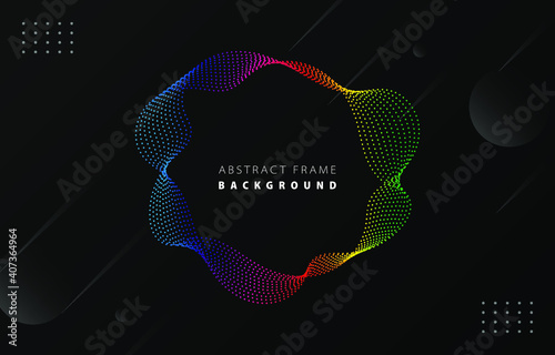 Futuristic spectrum rainbow gradient dot wave frame vector black Memphis background, dotted colorful rotate line border digital dynamic elegant wavy flow spin round technology web poster card template