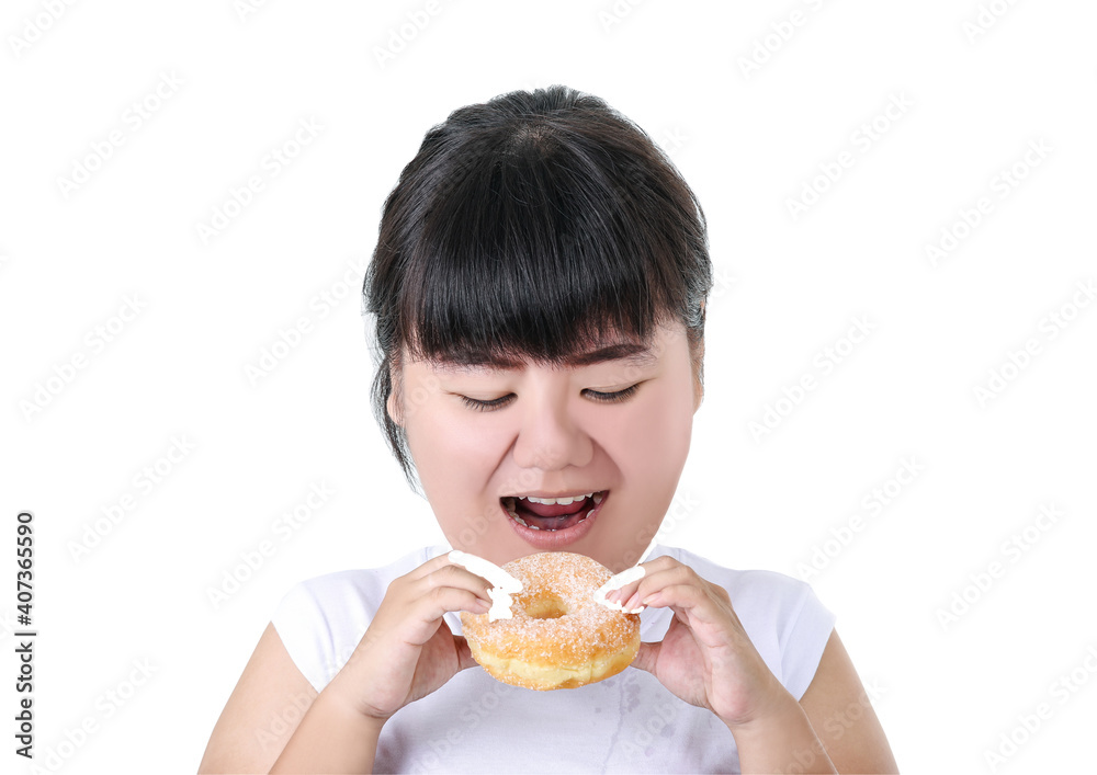 Big head the fat woman is holding junk food in her hand and enjoy eating diet of healthy concept Big head the fat woman is holding junk food in her hand and enjoy eating diet of healthy concept