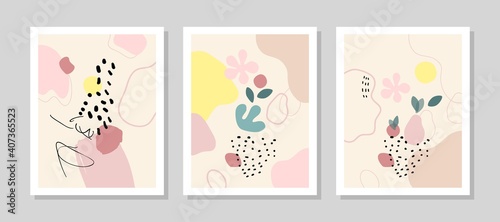 Contemporary art print. Vector hand drawn artwork. Trendy 50s, 60s retro, vintage. Matisse style. Hugge home, house decor. Set collection. Beige, black, pink, green, yellow soft colors. Minimalism