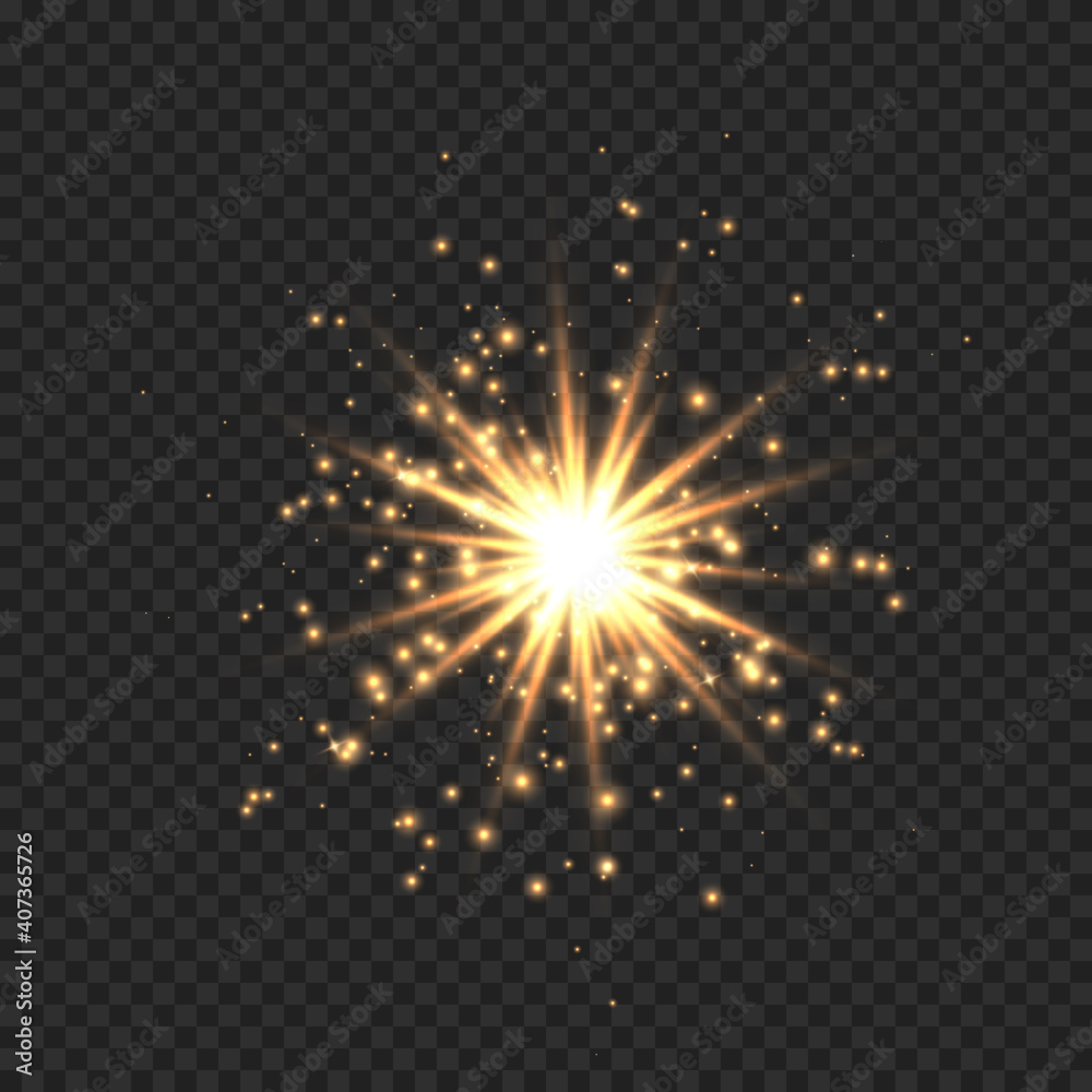 Star burst with sparkles. Golden light flare effect with stars, sparkles and glitter isolated on transparent background. Vector illustration of shiny glow star with stardust, gold lens flare