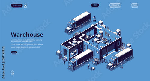 Warehouse logistics isometric landing page, workers loading freight in delivery trucks in depot. Goods import and export shipping, ground transportation logistic business 3d vector line art web banner