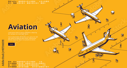Aviation isometric landing page. Airplanes on airport runway. Planes on aerodrome prepare to flight, passenger transportation, aerial international travel technology 3d vector line art web banner