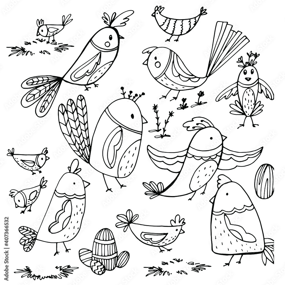 Set with birds, small beautiful birds of different shapes. Flying bird. Coloring book for children and adults. For wallpaper, design, textiles. Stock hand graphics. Isolate.