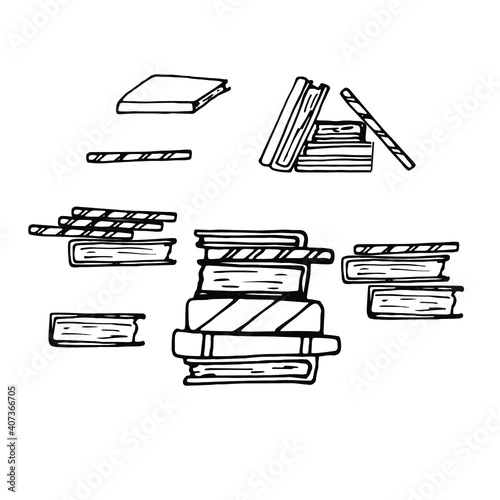 Drawing with books, notepad, stack of books. Information literature. Education, library. Coloring book for children. For design, textiles, sweatshirts, wallpapers. Stock hand graphics. Isolate.