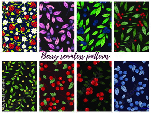 Set of berry seamless patterns on dark backgrounds for wrapping paper, packaging, fabric, textile, etc.