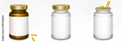 Medicine bottles with golden lids and yellow pills isolated on transparent background. Vector realistic 3d mockup of brown and white containers with blank label and gold lid with medical drugs