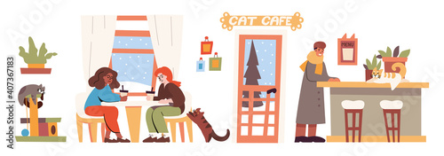 Cat cafe interior with people and pets. Vector flat illustration of coffee shop with kittens on counter and cat climbing tower, women sitting at table, man, plants and winter background behind windows