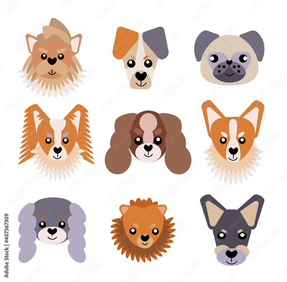 Collection of vector icons of portraits of small dogs drawn in a flat style. A set of cute funny faces of small dogs. Vector illustration in cartoon style. Collection of vector icons of portraits of small dogs drawn in a flat style. A set of cute funny faces of small dogs. Vector illustration in cartoon style.