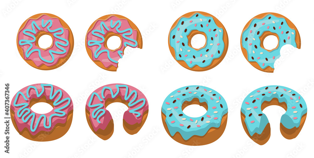 A set of whole doughnuts and half-eaten doughnuts with pink and blue frosting. , isolated on a white background. Vector illustration in flat style. top view and isometric view.