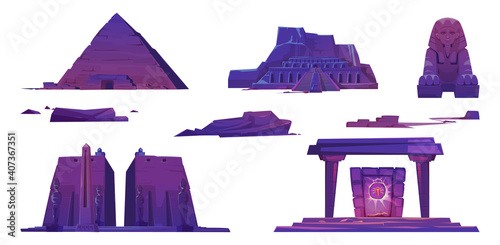 Ancient Egypt landmarks, pyramids, pharaoh temples, sphinx and mystic portal with scarab sign. Vector cartoon set of egyptian historical buildings, sculptures and stones isolated on white background